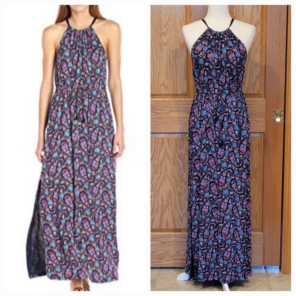 Lucky Brand Party Paisley Maxi Dress Halter Neckline Side Slit Jersey Knit